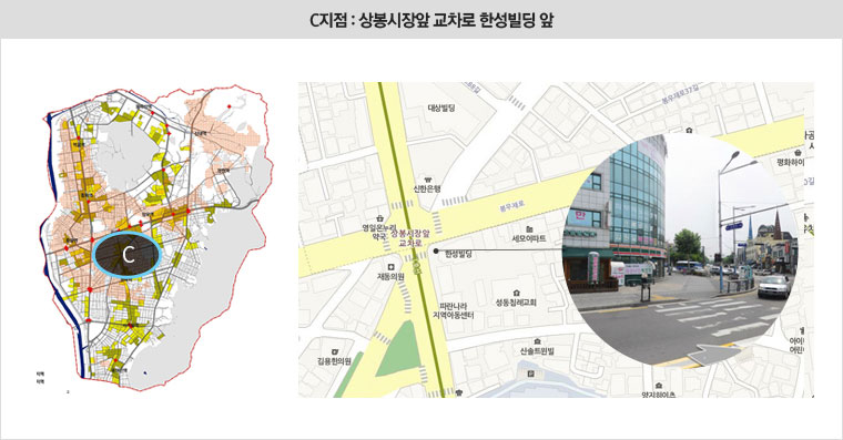 C지점 : 상봉시장앞 교차로 한성빌딩 앞